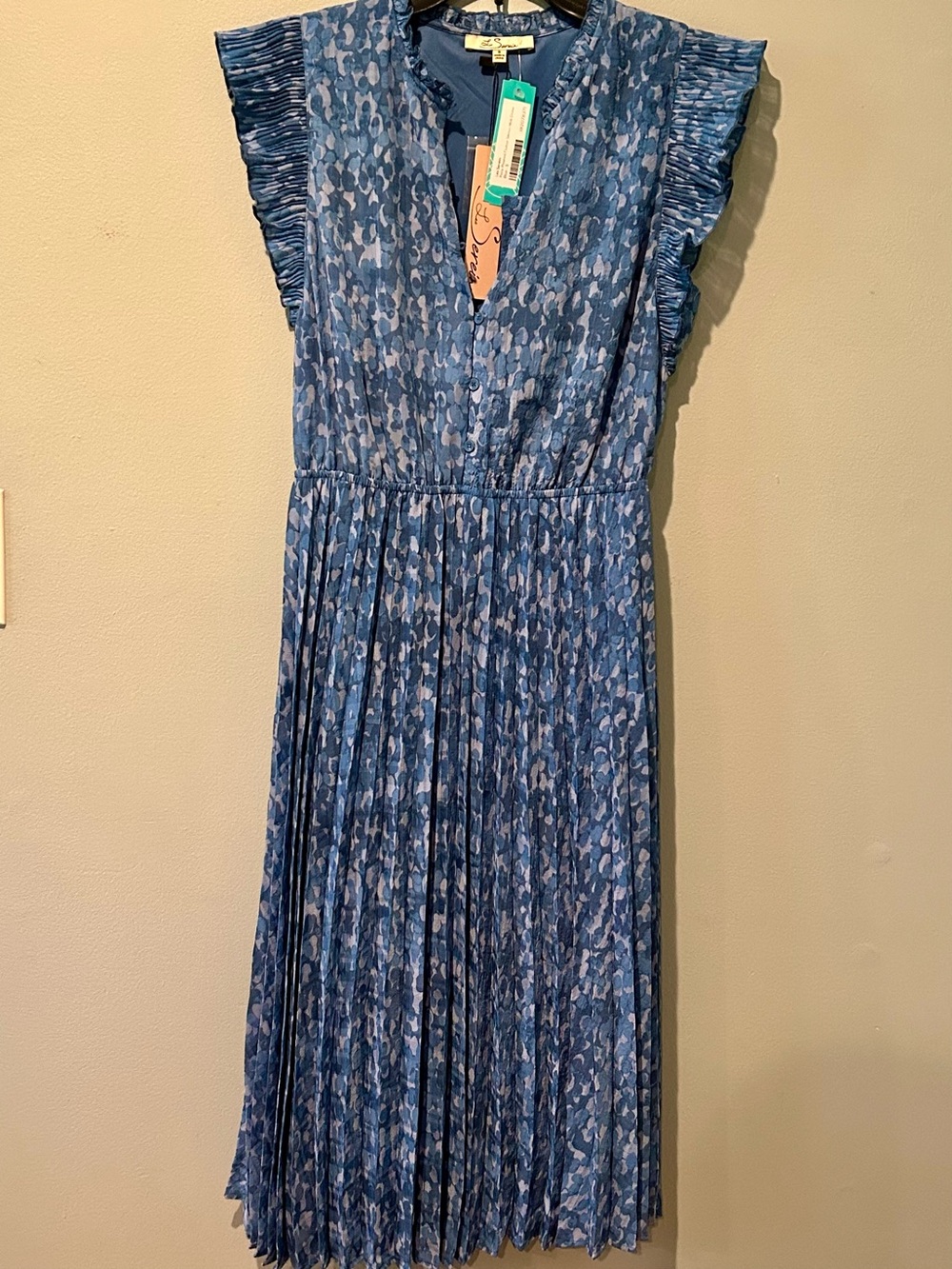 New! Les Serein Perla Pleated Flutter Sleeve Midi Dress Blue Size Small